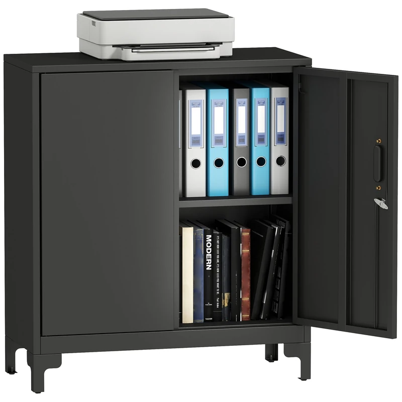 HOMCOM Lockable Metal Filing Cabinet, 2-Tier Storage Cupboard with Double Doors, Modern Office Organiser, 80 x 35 x 91 cm, Black