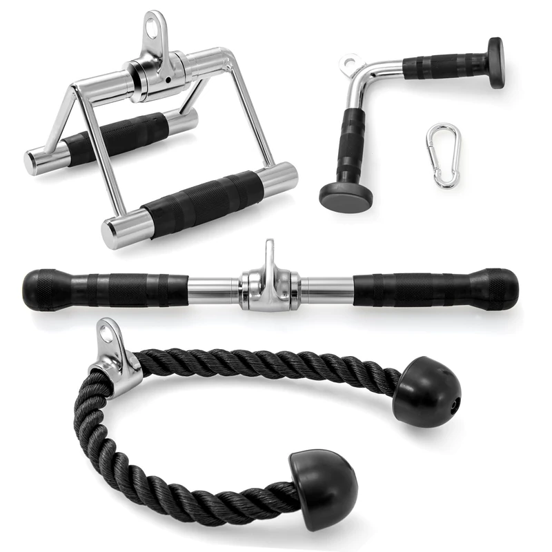 GYMAX Cable Machine Attachment Set, Weight Machine Accessories with Double D Roll Handle, V-Shape Handle, Triceps Rope and Straight Rotating Bar, LAT Pulldown Equipment for Home Gym