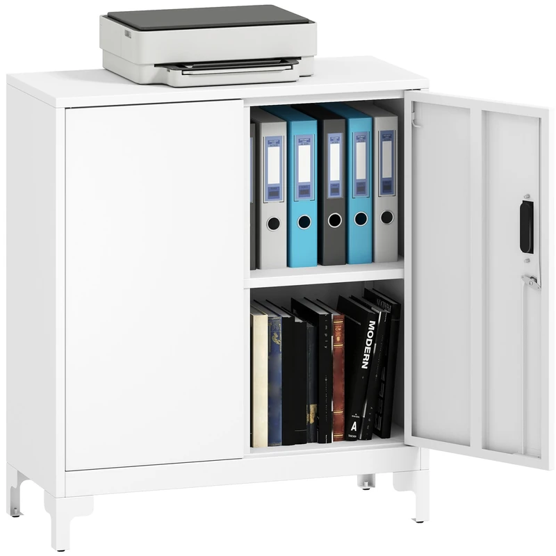 HOMCOM Lockable Metal Filing Cabinet, 2-Tier Storage Cupboard with Double Doors, Modern Office Organiser, 80 x 35 x 91 cm, White
