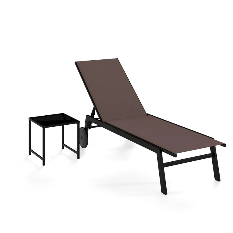 FANTASK Sun Lounger with Wheels and Side Table, 6 Position Adjustable Backrest, Quick Drying Fabric, Maximum Load 150 kg, Brown - Image 1