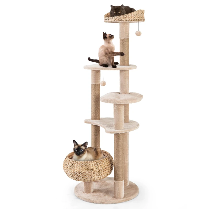 GYMAX Cat Tree, 164cm Cattail Cat Tower with Sisal Scratching Posts, Perch, Cat Bed & Dangling Balls, Hand-Made Wicker Multi-Level Kitty Activity Center for Indoor Cats