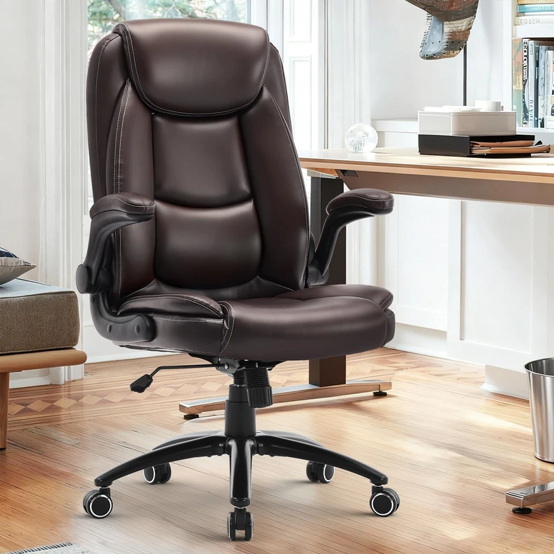 COLAMY Leather Executive Office Chair, Ergonomic Computer Chair with High Back, Spring Cushion Desk Chair for Home Office with Padded Flip-up Arm, Adjustable Tilt Lock, Brown
