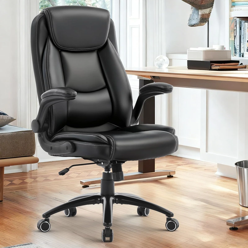 COLAMY Leather Executive Office Chair, Ergonomic Computer Chair with High Back, Spring Cushion Desk Chair for Home Office with Padded Flip-up Arm, Adjustable Tilt Lock, Black