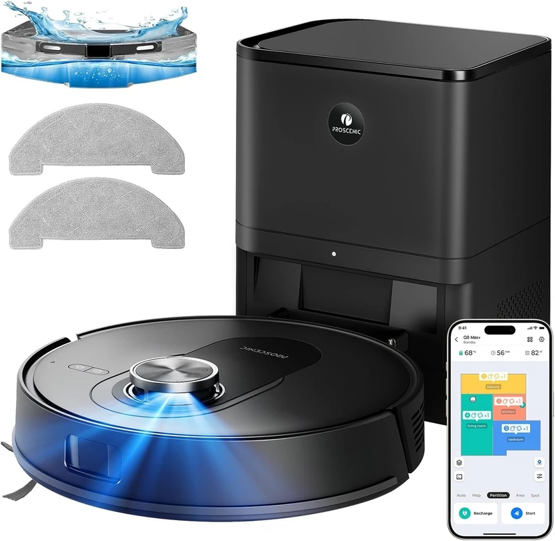 Proscenic Q8 Max+ Robot Vacuum Cleaner with 8000 Pa Maping, 200 Minutes, Automatic Obstacle Avoidance, Vacuum Cleaner with WiFi/Alexa/App, for Carpet, Floor and Hair