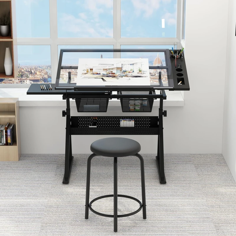 Adjustable Height Glass Top Drafting Table – Tiltable Art Desk with 2 Storage Drawers, Folding Artist Workstation, Side Desktop and Stool, Ideal for Drawing, Painting, Crafting, Sewing, Black