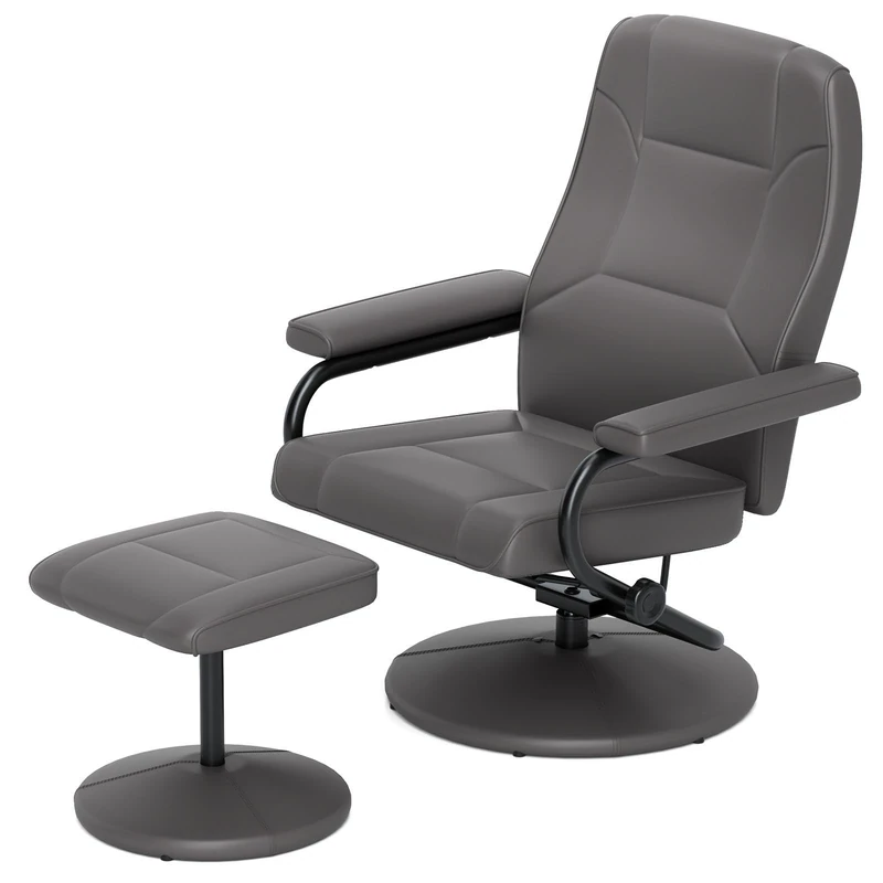 RELAX4LIFE 360° Swivel Recliner Chair with Footstool, PU Leather High Back Reclining Armchair and Ottoman with Adjustable Backrest, Upholstered Executive Chair Lounge Seat for Home Office (Grey)