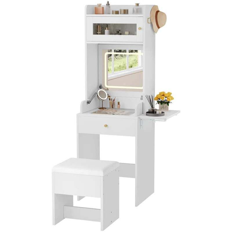 YITAHOME Dressing Table with Foldable LED Mirror, Compact Vanity Desk with Flip-up Panel, Cushioned Stool, Tempered Glass Top, Storage Drawer & Hooks, Small Makeup Table for Bedroom, White