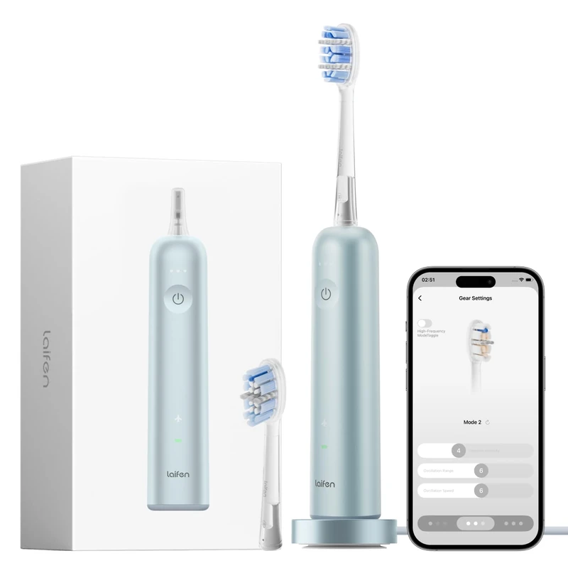 Laifen Wave Pro Sonic Electric Toothbrush for Adults - 2026 Model with 60° Oscillation, Smart App, 70 Day Battery, 2 Heads (Blue Aluminum)