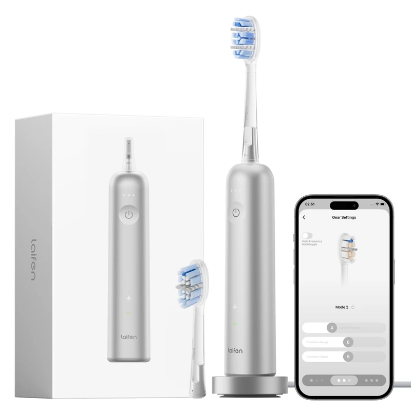 Laifen Wave Pro Sonic Electric Toothbrush for Adults – 2026 Model with 60° Oscillations, Smart App, 70-Day Battery, 2 Brush Heads (Silver Aluminum)