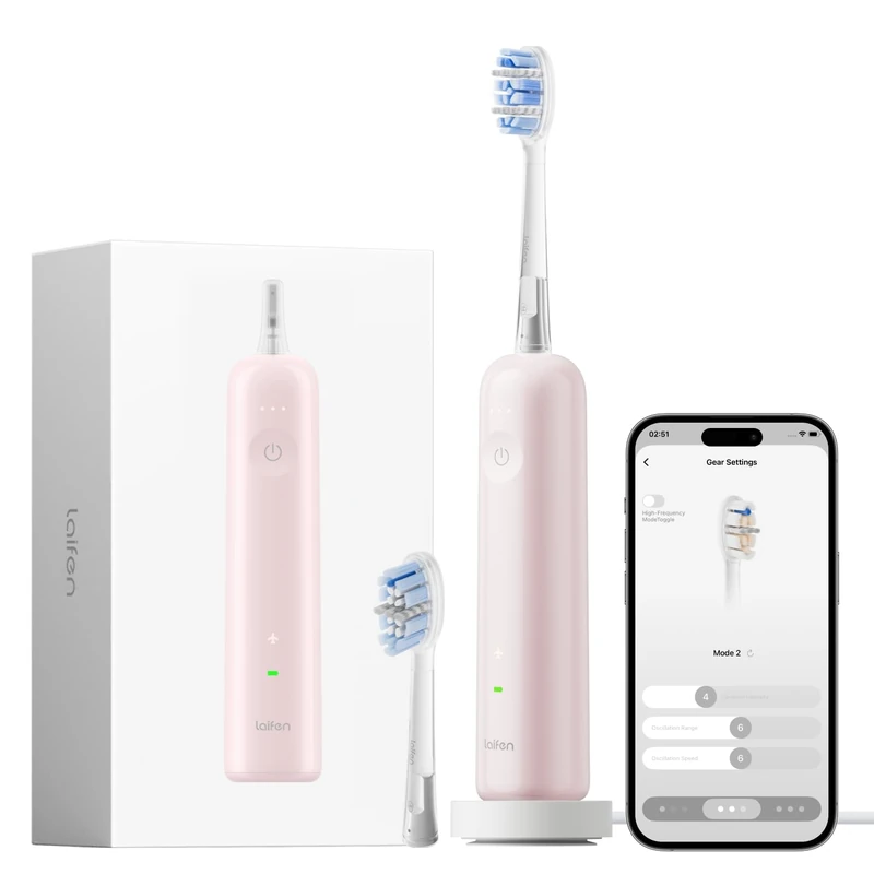 Laifen Wave Pro Electric Toothbrush for Adults, 60° Oscillations & 66,000 VPM for 13x Plaque Removal, Smart App, 70-Day Battery, IPX8 Waterproof, 2 Pro Brush Heads, Ideal for Travel (Pink)