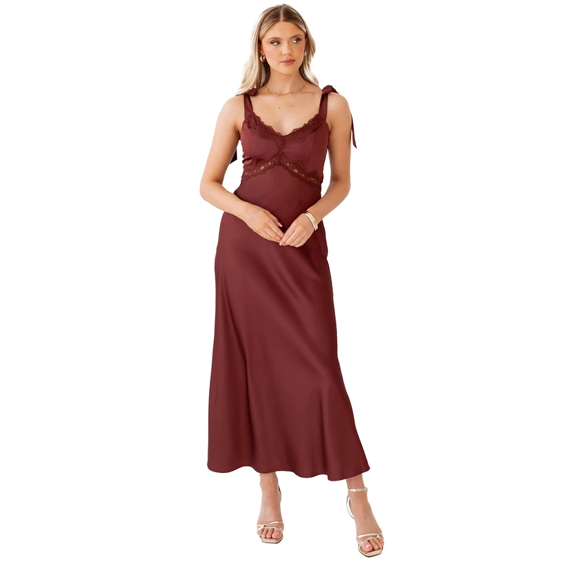 Women’s Maxi Dress Lace Trim Tie Strap Satin Evening Dress Elegant Slip Gown for Party Wedding Guest Size 14 - Image 1