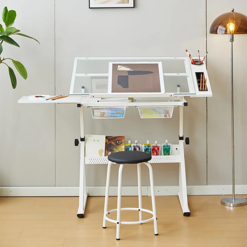 GarveeLife Adjustable Height Glass Top Drawing Table – Tiltable Artist Workstation Craft Desk with Stool, 2 Storage Drawers, Extra Side Desktop, Professional Art and Drafting Table for Adults – White