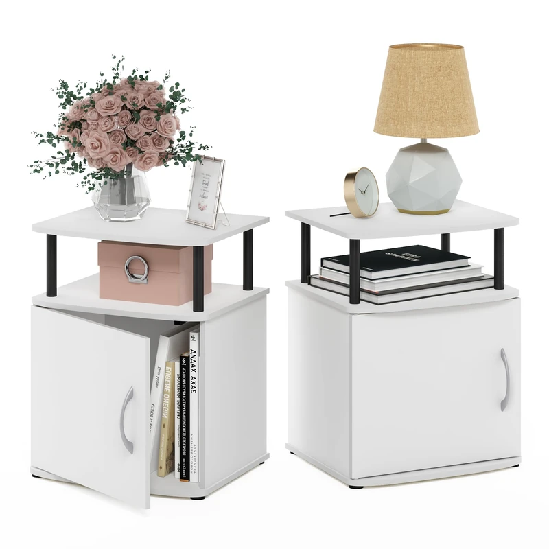 Furinno JAYA Side Table Set of 2, 2-Tier Open Shelf End Table with Door Cabinet, Soft-edges Night Stand, Bedside Table, for Living Room, Bedroom, White