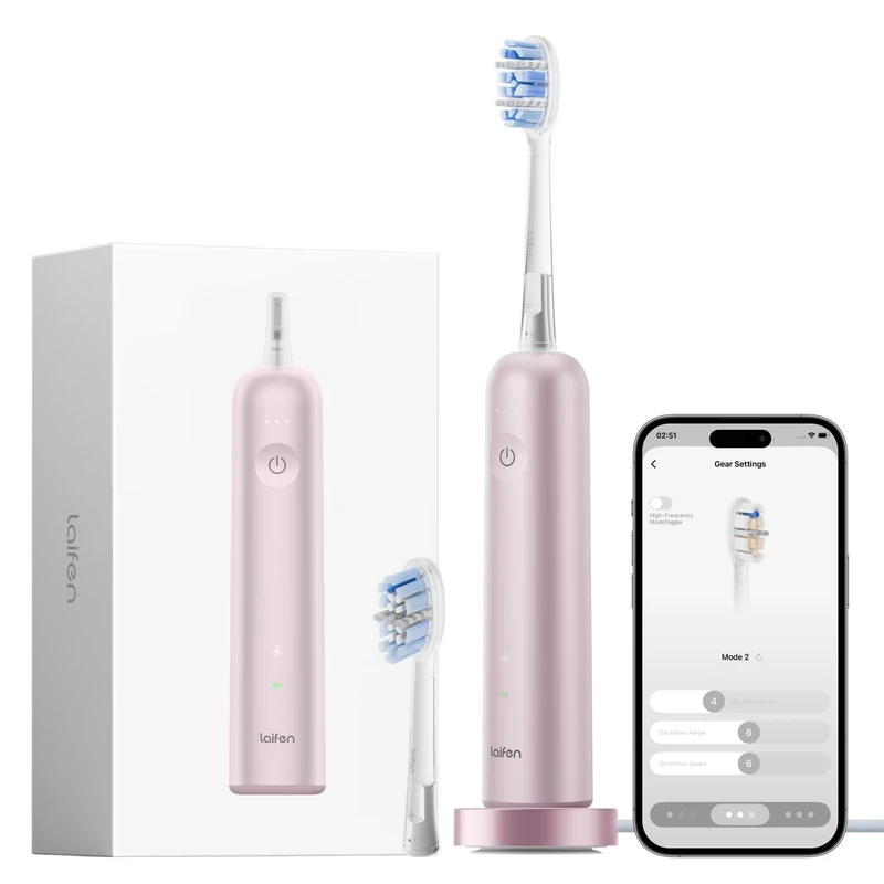 Laifen Wave Pro Sonic Electric Toothbrush for Adults - 2026 Model with 60° Oscillation, Smart App, 70 Day Battery, 2 Heads (Pink Aluminum) - Image 1