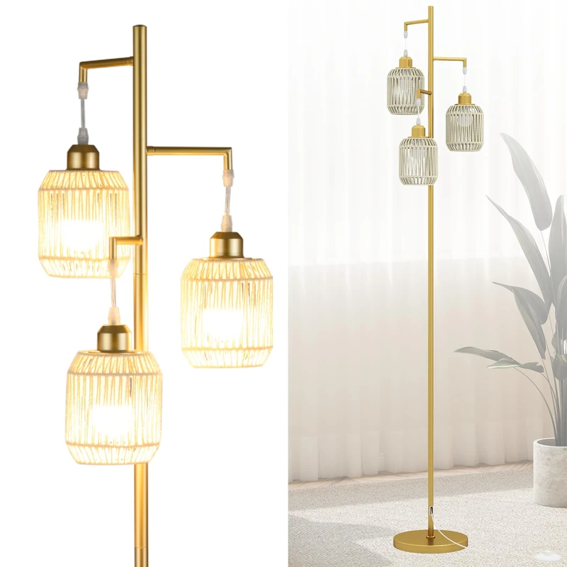 GiantexUK Metal Floor Lamp, Industrial Floor Light with Lampshade, 3-Light Cage Standing Tree Lamps for Living Room, Bedroom & Office (Paper Woven Shades, Golden)