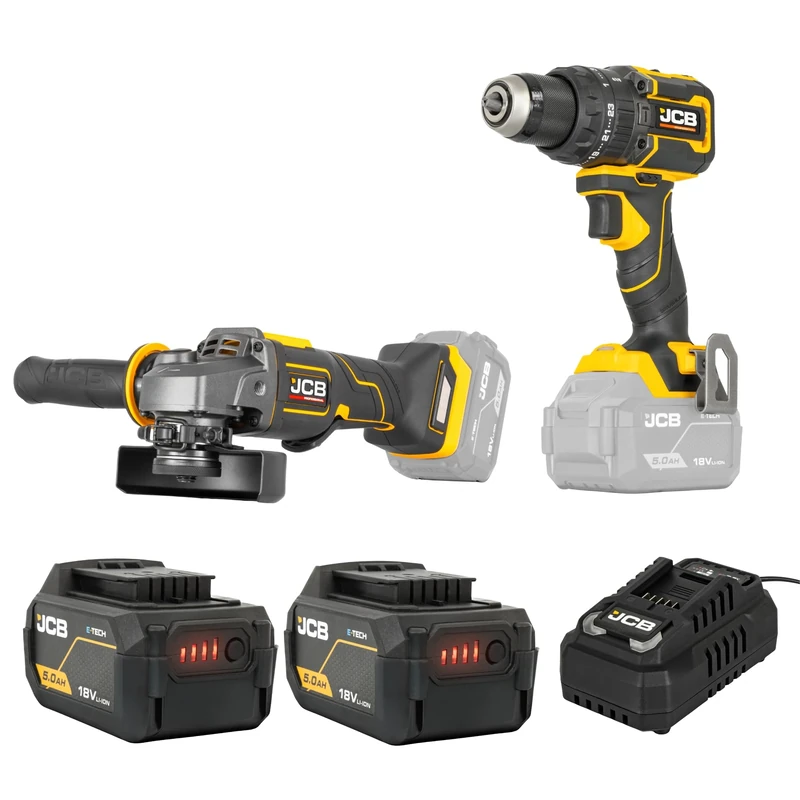 JCB Pro 18V Cordless Tool Kit, 75Nm Combi Drill & 115mm Angle Grinder, 2X 5.0Ah Li-ion Batteries, 4.5A Fast Charger, Soft Tool Bag