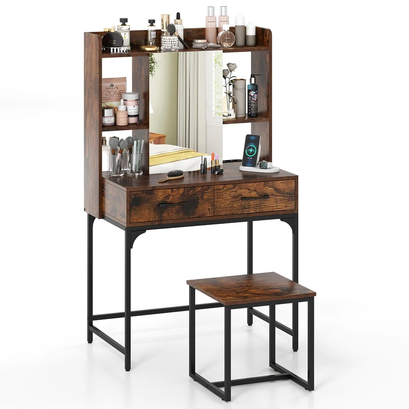 RELAX4LIFE Dressing Table and Stool Set, Makeup Vanity Desk with Charging Station, Drawers, Open Shelves and Mirror Cabinet, Bedroom Cosmetics Dresser Storage Organizer (Rustic Brown+Black)