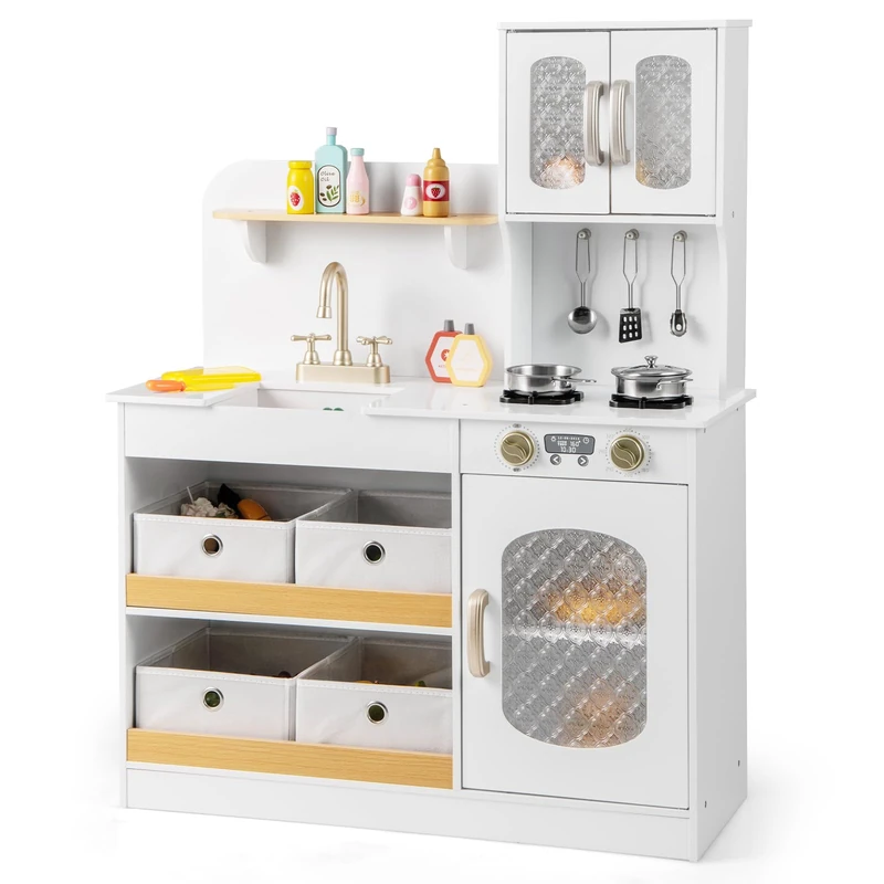 GYMAX Kids Play Kitchen, Wooden Toy Kitchen with Stoves