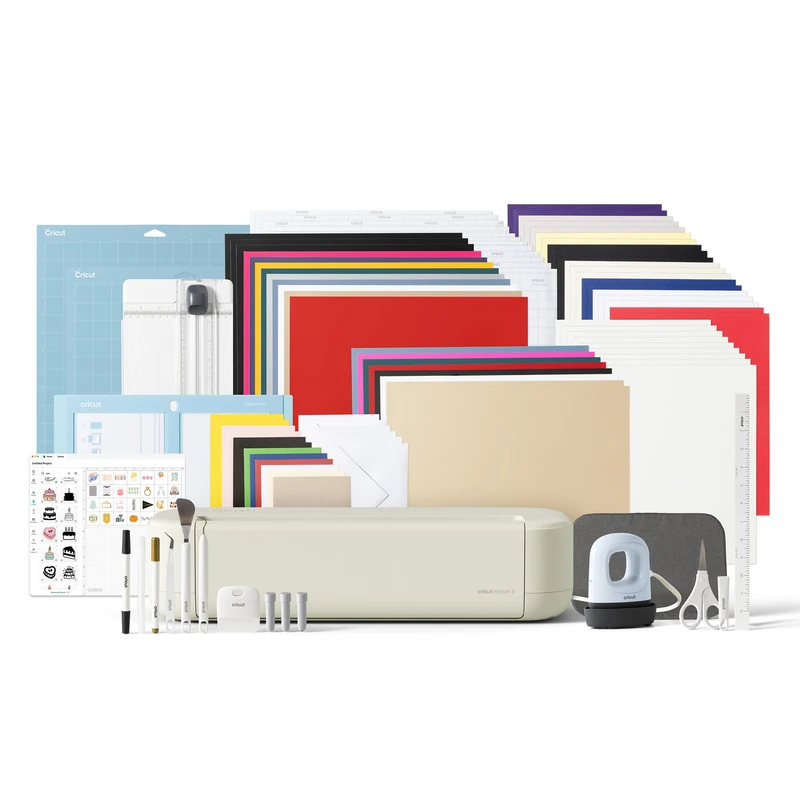 Cricut Explore® 5 Ultimate Bundle + Digital Content, Smart Cutting Machine with Heat Press for DIY Crafts, Vinyl Decals, T-Shirts, Full-Color Stickers & Cards