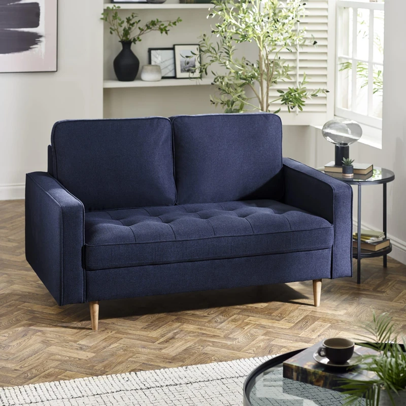 Julian Bowen Henrietta 2 Seater Deep Blue Sofa, Linen Upholstered Couch with Brown Legs, Loveseat Settee for Living Room - 91 x 152 x 90cm