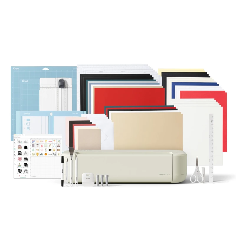Cricut Explore® 5 Deluxe Bundle + Digital Content. Smart Cutting Machine - perfect for projects like custom vinyl decals, T-shirts, full-color stickers, cards, and more.