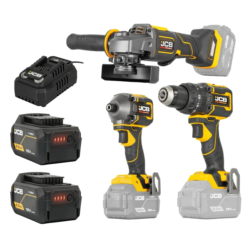 JCB Pro 18V Cordless 3-Piece Tool Kit, 75Nm Combi Drill, 230Nm Impact Driver & 115mm Angle Grinder, 2X 5.0Ah Batteries, 4.5A Fast Charger, Soft Tool Bag