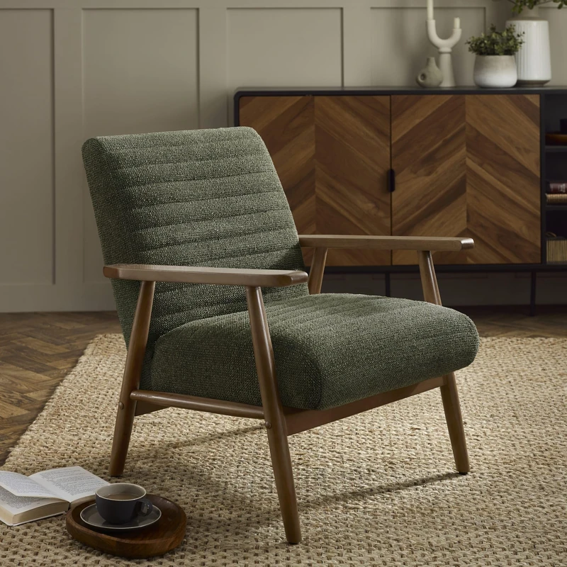Julian Bowen Ivy Olive Chenille Armchair, Upholstered Tweed Accent Chair with Brown Solid Wood Legs - 76 x 66 x 76cm