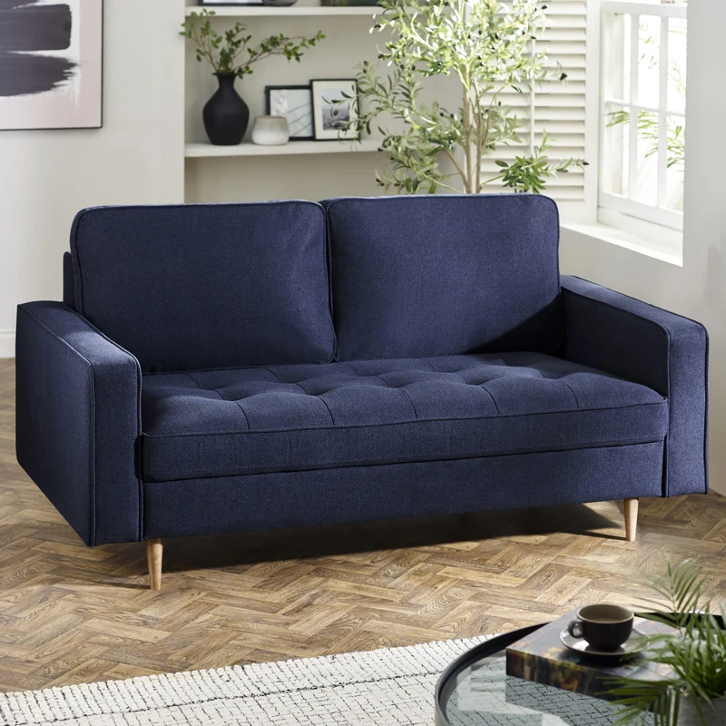 Julian Bowen Henrietta 3 Seater Deep Blue Sofa, Linen Upholstered Couch with Brown Legs, Settee for Living Room - 91 x 186 x 90cm