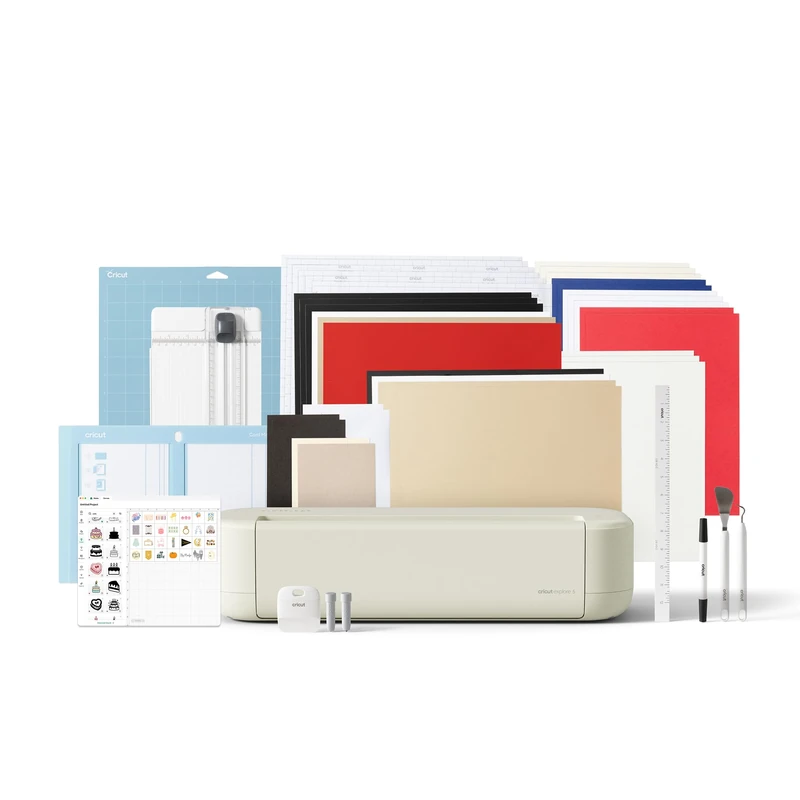 Cricut Explore® 5 Essential Bundle + Digital Content Smart Cutting Machine - perfect for projects like custom vinyl decals, T-shirts, full-color stickers, cards, and more.