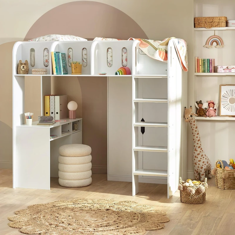 Julian Bowen Vision High Sleeper Bunk Bed, White Bed Frame with Desk and Ladder for Kids and Teens - 3ft Single 180 x 116 x 195cm