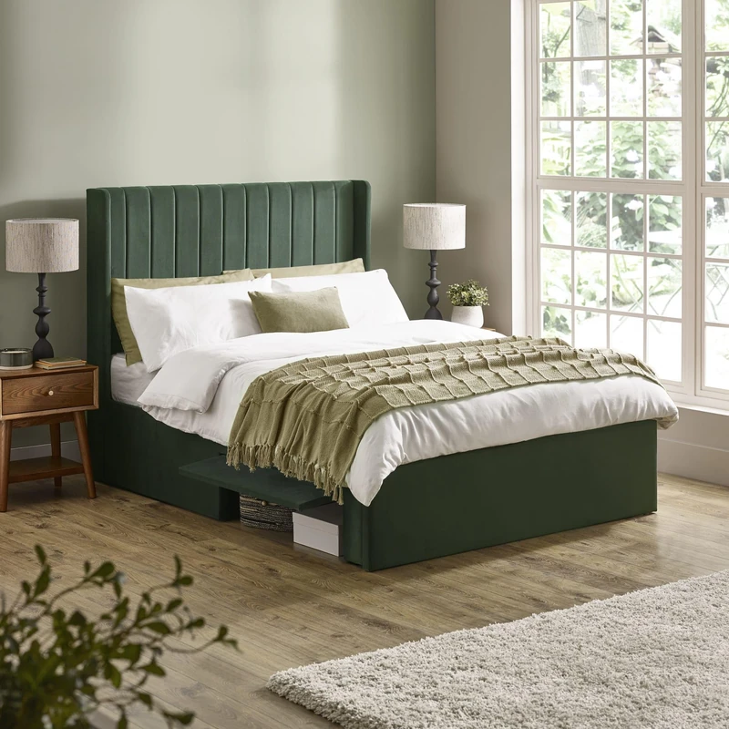 Julian Bowen Leila Double Bed, Bottle Green Dual Storage Door Upholstered Bed Frame 135cm/4ft6, No Box Spring Needed - 127 x 144 x 202cm