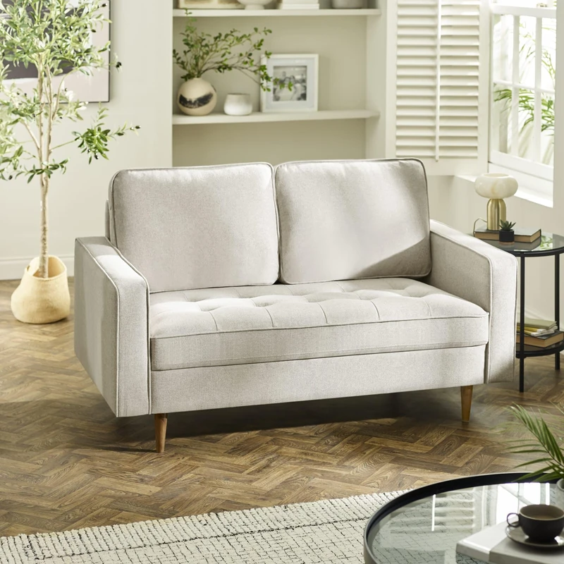 Julian Bowen Henrietta 2 Seater Beige Sofa, Linen Upholstered Couch with Brown Legs, Loveseat Settee for Living Room - 91 x 152 x 90cm