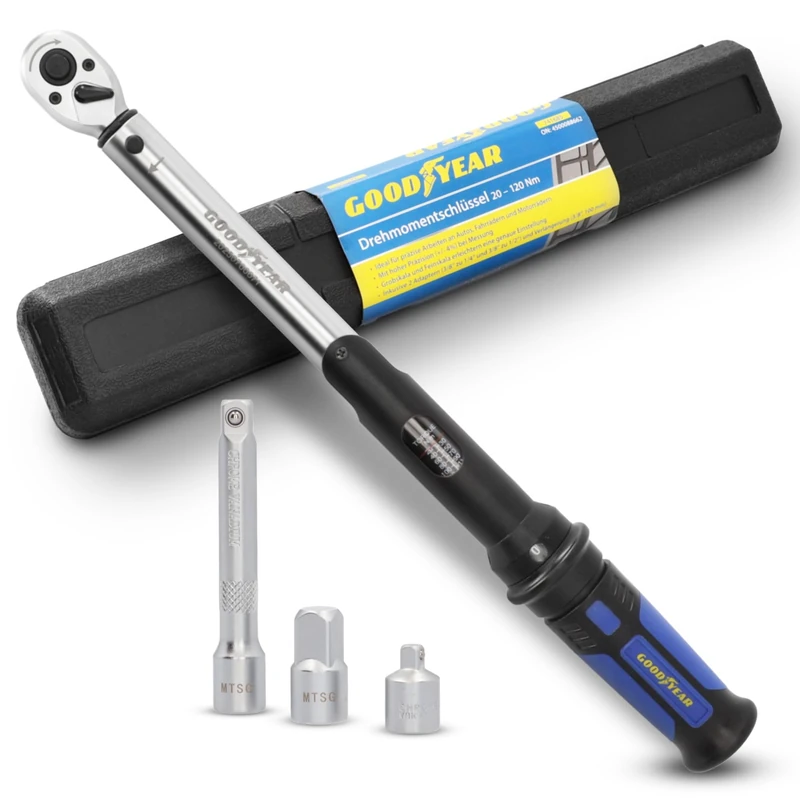 Goodyear Torque Wrench, Precise Adjustable from 20 to 120 Nm, 3/8 Inch, 72 Teeth, Includes Adapter, Extension and Storage Box, for Tyre Change