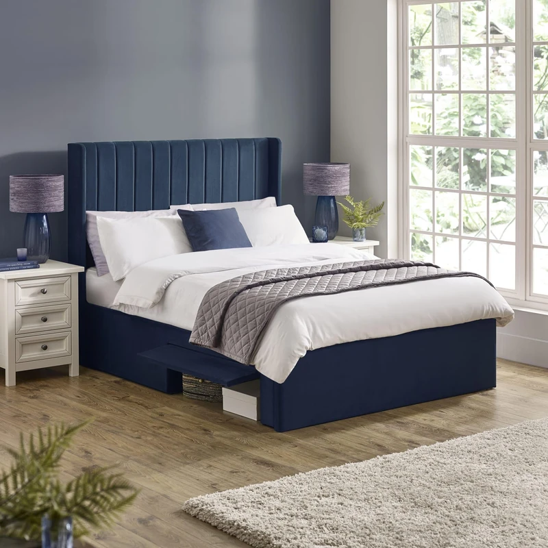 Julian Bowen Leila King Bed, Royal Blue Dual Storage Door Upholstered Kingsize Bed Frame 150cm/5ft, No Box Spring Needed - 127 x 158 x 213cm - Image 1