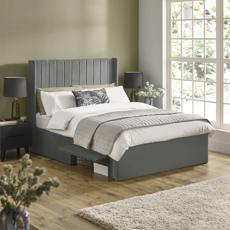 Julian Bowen Leila King Bed, Steel Grey Dual Storage Door Upholstered Kingsize Bed Frame 150cm/5ft, No Box Spring Needed - 127 x 158 x 213cm