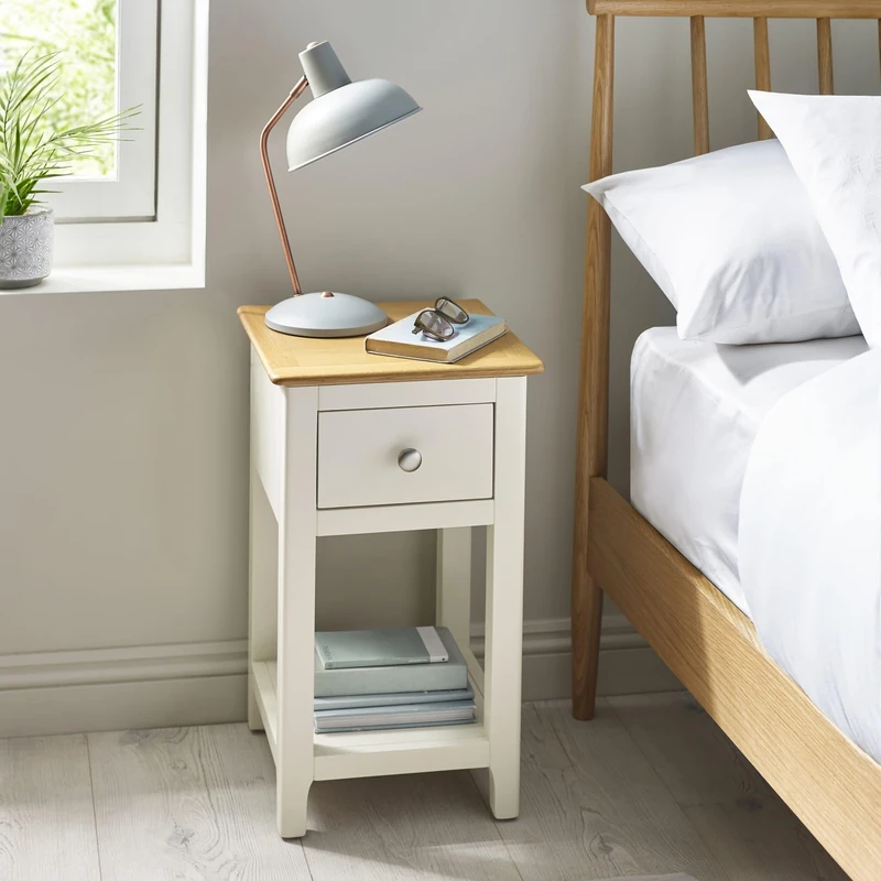 Julian Bowen Somerset 1 Drawer Bedside Table, White and Oak Compact Nightstand with Drawer and Shelf for Bedroom, Living Room, Office - 57.5 x 34 x 35cm