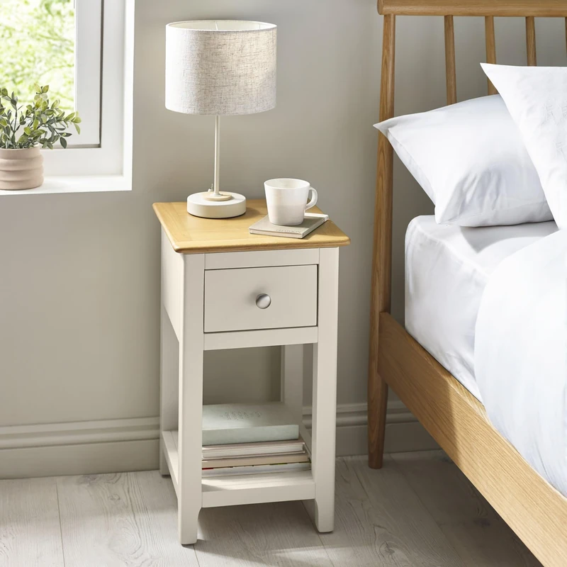Julian Bowen Somerset 1 Drawer Bedside Table, Light Grey and Oak Compact Nightstand with Drawer and Shelf for Bedroom, Living Room, Office - 57.5 x 34 x 35cm