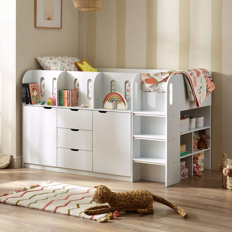 Julian Bowen Vision Mid Sleeper Bed, White Storage Bunk Bed Frame With Ladder and Shelves for Kids and Teens - 3ft Single 116 x 111.5 x 195cm