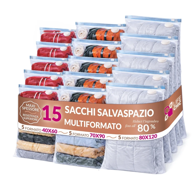 LifeChic Vacuum Storage Bags – Set of 15 Multi-Size (5 × 40 x 60 cm, 5 x 70 x 90 cm, 5 x 80 x 120 cm), Reusable with Universal Valve, Vacuum Bags for Clothes, and Changing Seasons