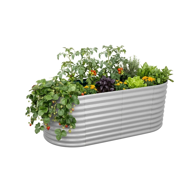 Relaxdays Galvanised Metal Raised Bed, Half-Round Planter for Flowers, Plants & Veg, 80x200x100 cm, Light Grey