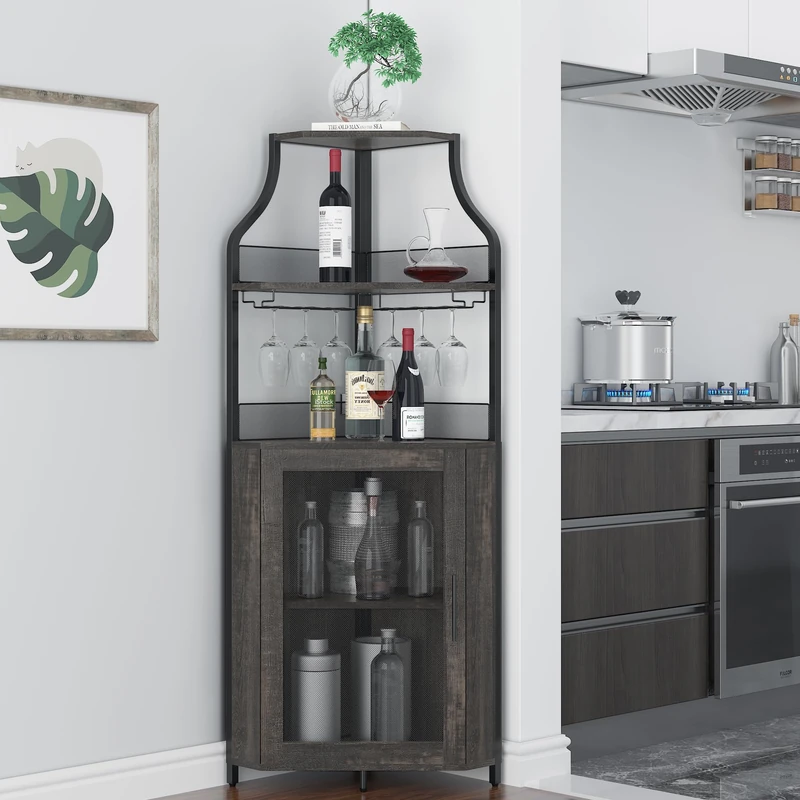 Garvee Wine Rack, Industrial Corner Wine Cabinet - Storage Cabinet with Bottle Holder, Adjustable Glass Shelf for Kitchen, Dining Room - Vintage Style - Image 1