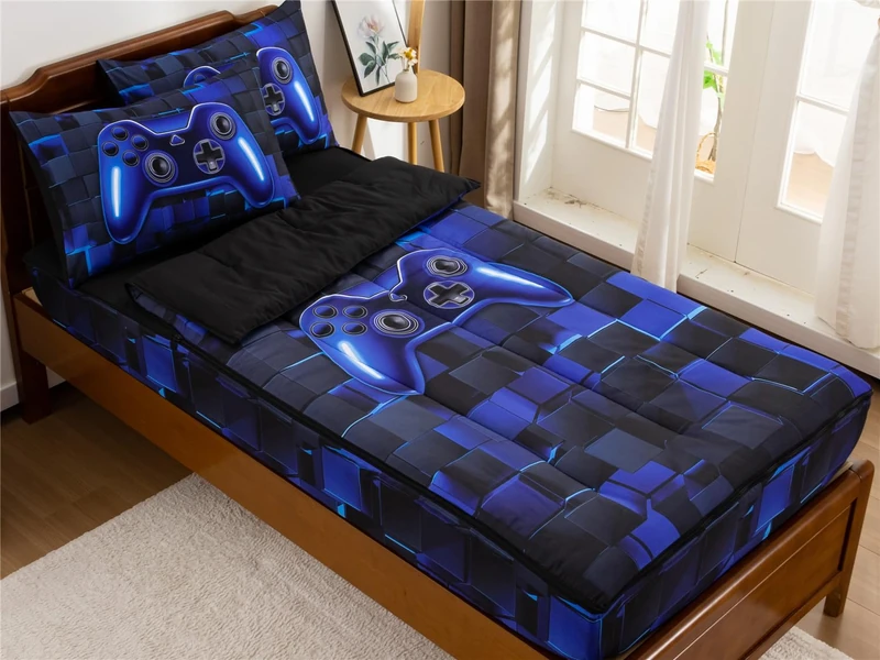 NTBED Gamer Printed Zipper Bedding Sets Twin for Kids Boys Lightweight Microfiber 3D Block Comforter Set with Fitted Sheet Pillow Covers,Blue