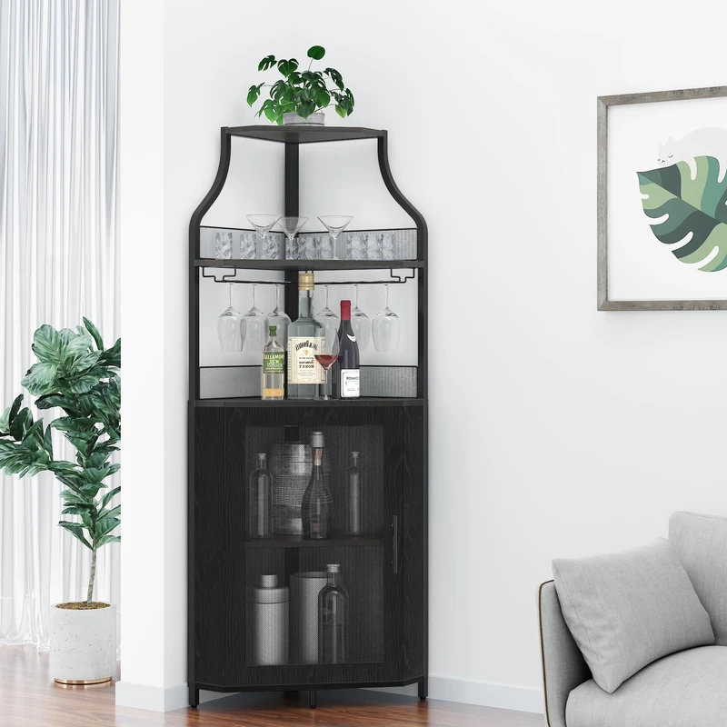 Garvee Wine Rack, Industrial Corner Wine Cabinet - Storage Cabinet with Bottle Holder, Adjustable Glass Shelf for Kitchen, Dining Room - Vintage Style - Image 1