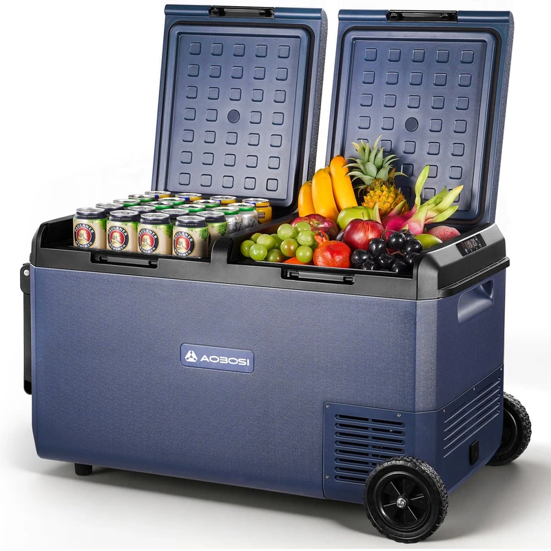 AAOBOSI 75L Car Fridge, Camping Fridge Freezer Dual Zone with Wheels & Pull Handle, IPX4 Waterproof, APP Control, 12V/240V, -20°C to 20°C – Ideal for Campervan, Truck, Boat, Motorhome, Travel & Picnic - Image 1
