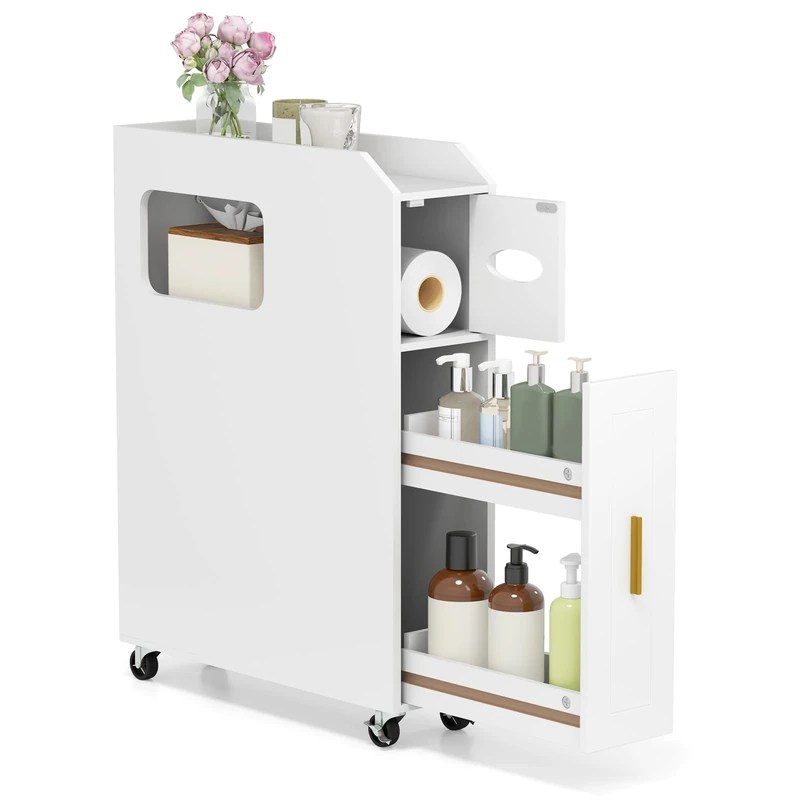 RELAX4LIFE Bathroom Floor Cabinet, Rolling Slim Toilet Storage Cart with Toilet Paper & Brush Holder, Slide-out Drawerand 2 Lockable Wheels, Freestanding Toilet Paper Holder Stand Organizer (White)