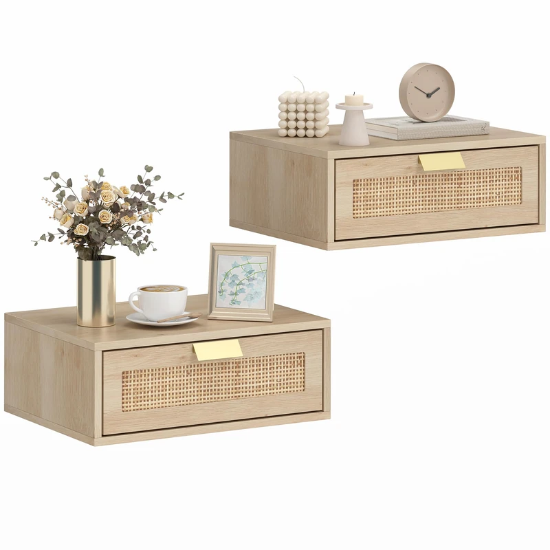 HOMCOM Floating Bedside Tables Set of 2, Wall Mounted Bedside Cabinets with Rattan Drawer and Wood Effect, Boho Nightstands for Bedroom, Oak