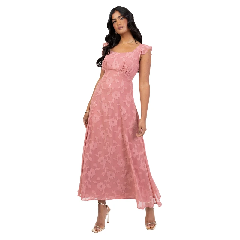 Anaya with Love Women's Midi Dress Ladies Recycled Round Neck Flutter Sleeve Floral Burnout Empire A-line Keyhole Tie-Back Bridesmaid, Dusty Rose 16