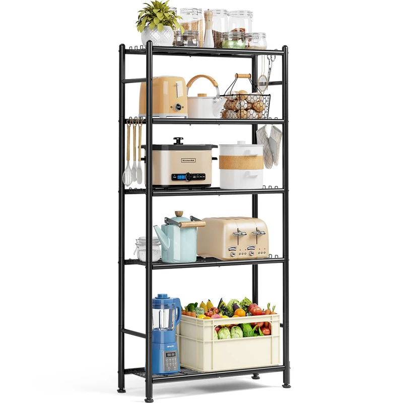 KINGRACK 5 Tier Shelf Organizer, Sturdy Metal Garage Shelving with Adjustable Leveling Feet, Space-Saving Shelves Organizer for Pantry, Laundry, Kitchen