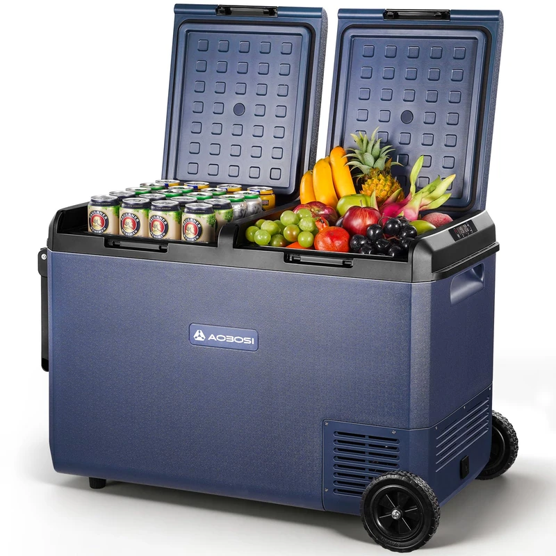 AAOBOSI 95L Car Fridge, Camping Fridge Freezer Dual Zone with Wheels & Pull Handle, IPX4 Waterproof, APP Control, 12V/240V, -20°C to 20°C – Ideal for Campervan, Truck, Boat, Motorhome, Travel & Picnic