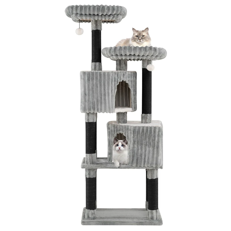 GYMAX Multi-level Cat Tree, 156cm Modern Cat Tower with 2 Condos, 2 Perch Beds, Scratching Posts, Dangling Jingle Balls and Soft Flannel Covering, Kitty Activity Center for Indoor Cats
